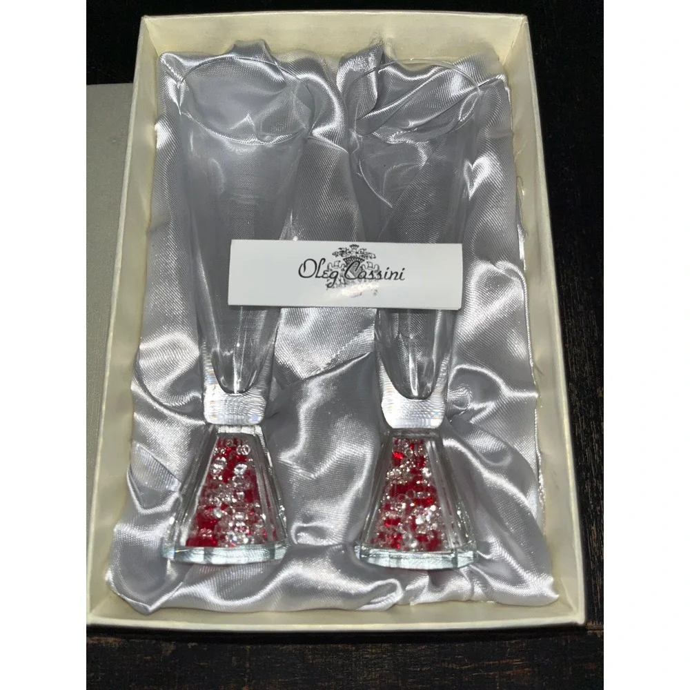 Oleg Cassini Crystal Glitter Ruby Champagne Flute Set of 2 Red Wedding Toasting